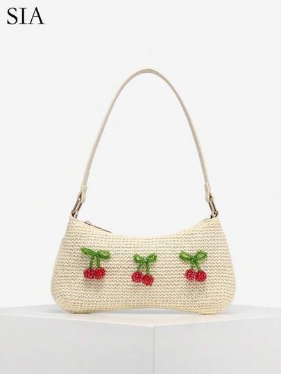 1pc Women's Vintage Resort Straw Woven Seashell Pearl Cherry Blossom Beaded Pendant Shoulder/Underarm Baguette Bag, Suitable For Dates, Outings, Vacations