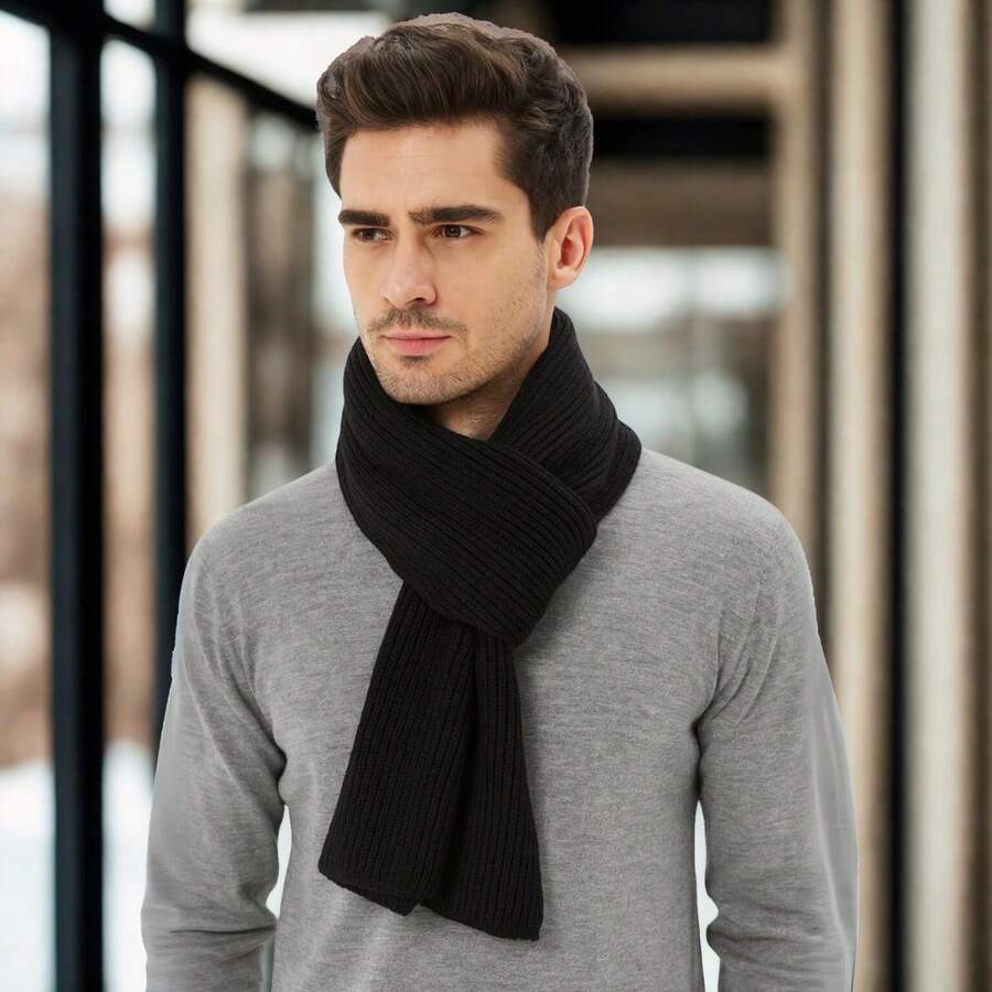Men's Cozy Winter Knit Wool Scarf - 黑色 - 查看 1