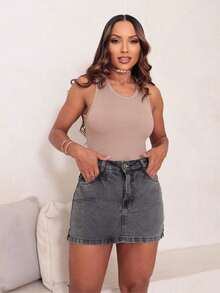 Shorts And Jeans Skirt With Small Side Slit - 黑色大理石紋 - 查看 6