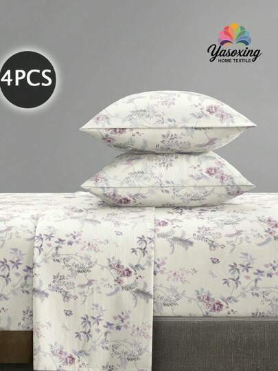 4Pcs Garden Flower Butterfly Birds Pattern Sheet Set Bedding Set, 1pc Fitted Sheet & 1pc Flat Sheet& 2pcs Pillowcase Bedding Mattress Protector Set (Not Including Pillow Core)Luxury Fitted Sheet Set King Queen Full TWIN SIZE Sheet Deep Pocket Up To 11.8 Inch Pillowcase, Soft Breathable Wrinkle-Free Better For Sleep, Luxury Hotel Style, Gift For Mom Dad Friend Farmhouse Bedding Sets