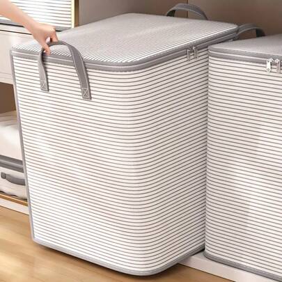 1 pieza Bolsa de almacenamiento de tela con estilo - Organizador de ropa de gran capacidad con asas, colores mixtos para organización del hogar, mudanza y viaje, diseño a rayas, cierre con cremallera, adecuado para volver a la escuela, artículos esenciales para dormitorio, artículos esenciales para viaje, decoración de otoño, decoración del hogar, cajas de almacenamiento de cosméticos