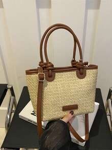 Bolso de paja tejida y bolso de hombro de estilo de playa de vacaciones 2025, elegante bolso de cesta con nudo de cuerda - Marrón - Ver 10