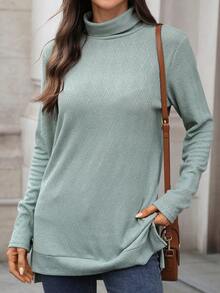 Damska luźna koszulka z długim rękawem i wysokim kołnierzem, z rozcięciem z boku, idealna do dojazdów do pracy i na wycieczki, modna bluzka na wiosnę/jesień 2025