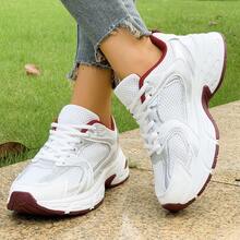 Women's Mesh Lace-Up Sneakers With Thick Sole And Cushioning, Suitable For Daily Running, Fitness And Commuting, Comfortable And Lightweight, Suitable For Various Occasions, And Practical For Basic Wear - Đỏ - Xem 4