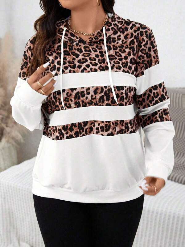 Blessings of Love Oversize Leopard Muster Kapuzenpullover mit Kordelzug, geeignet für Damen Frühlings- und Herbstmode, Flughafen-Outfit