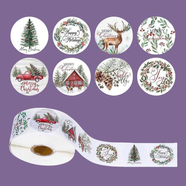 500/1500pcs Assorted Christmas Stickers Roll, Mixed Color Paper Adhesive Labels With 'Merry Christmas' & 'Happy Holidays' Tags For Gift Wrapping & Sealing