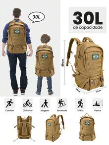 Mochila Impermeável Tatica Militar 30 Litros com Resistente Trilha Ar Livre Camping Pesca Masculino Feminino material escolar material escola papelaria - Bege - Visão 3