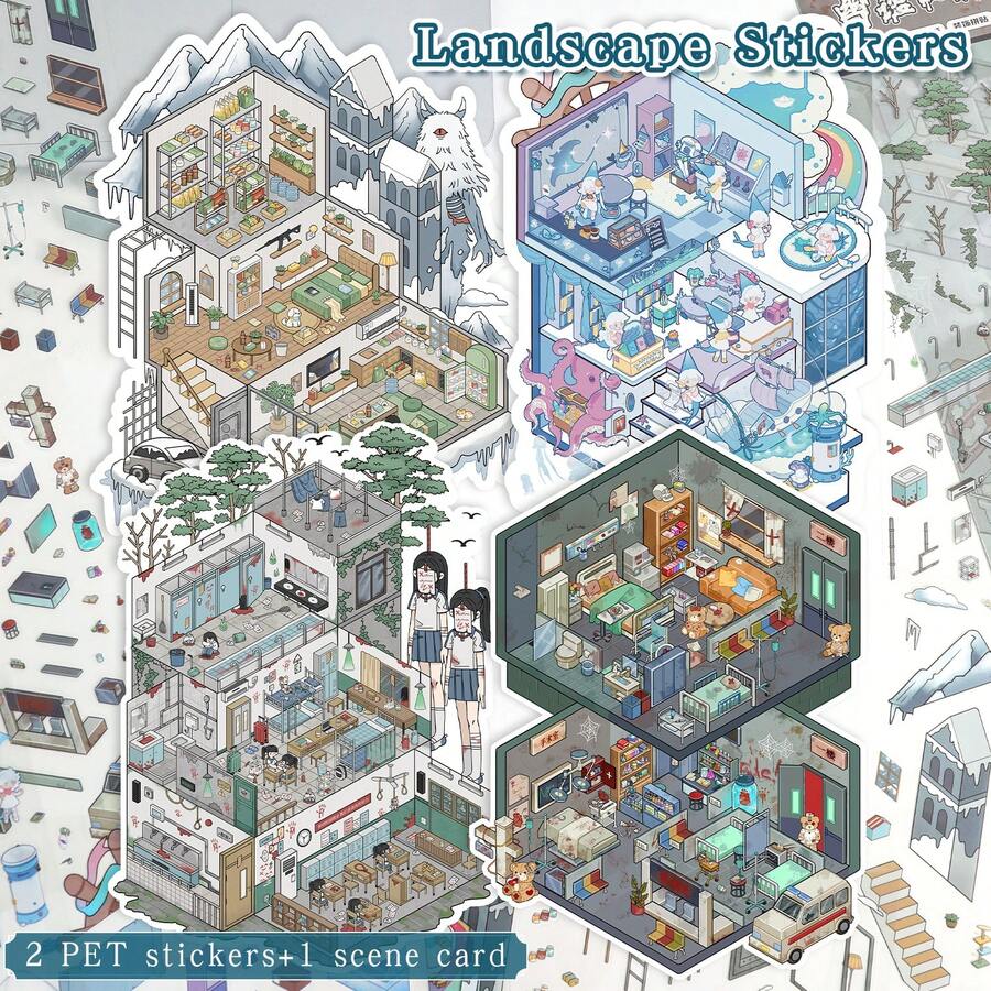全新大尺寸 DIY 场景贴纸、成人风景贴纸、房屋贴纸、剪贴簿贴纸、3D 微型房屋微景观贴纸、DIY 剪贴簿贴纸、风景贴纸、风景贴纸、笔记本贴纸、可重复使用、多种尺寸可选 - 彩色 - 查看 1