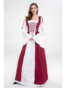 文艺复兴时期中世纪女式吊带露肩喇叭袖连衣裙，适合角色扮演活动和主题派对，面料略有弹性。
