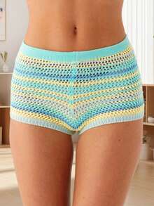 Women's Y2K Striped Crochet Knit Shorts Rainbow Color Block Elastic Waisted Comfy Lounge Mini Shorts - Màu xanh lam - Xem 3