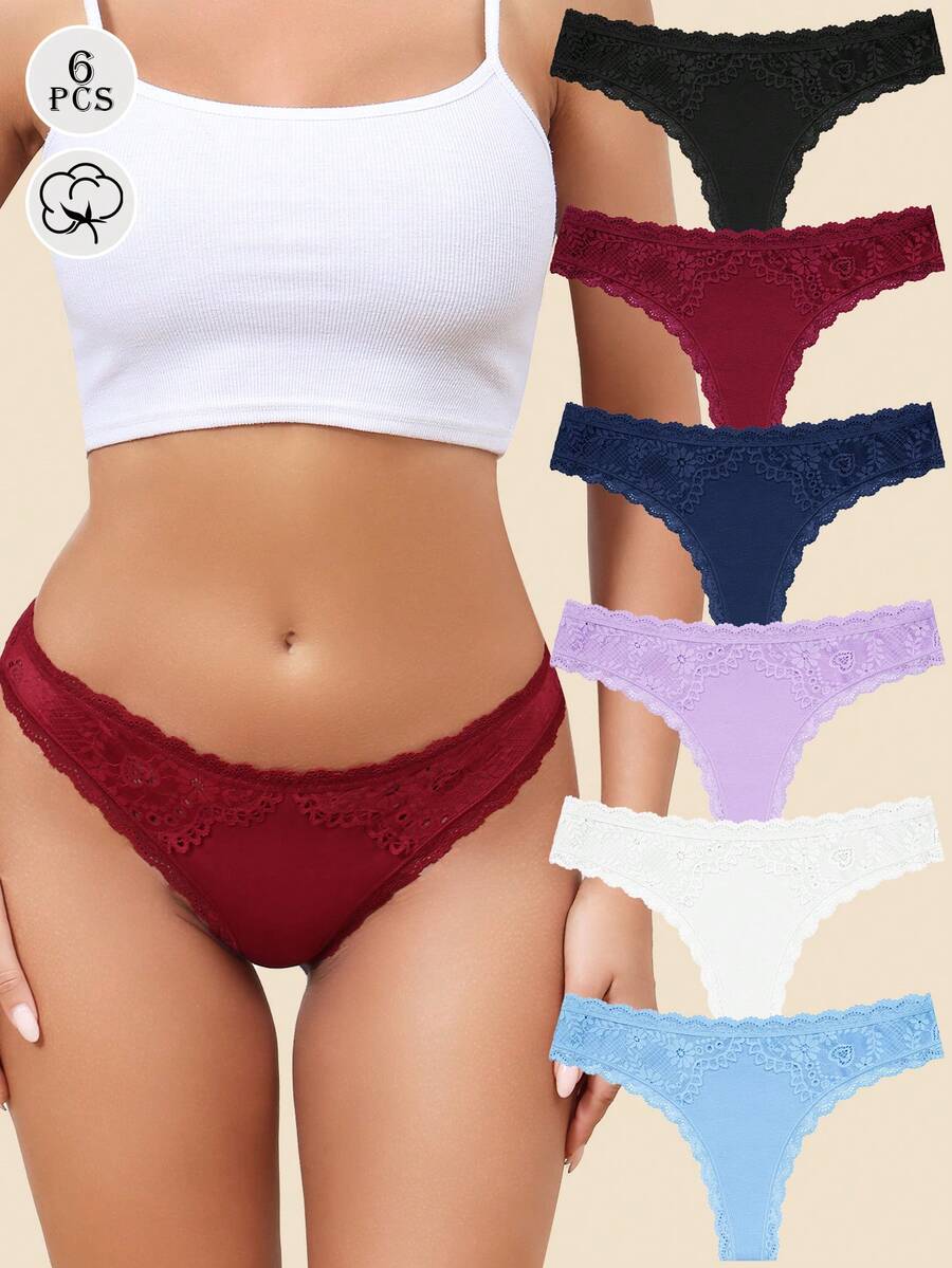 6 Pack Cotton Seamless Thongs For Women No Show Underwear Sexy Lace Trim Panties Cute Soft Strench Breathable S-XL - 彩色 - 查看 1