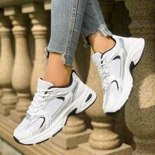 Women's Mesh Lace-Up Sneakers With Thick Sole And Cushioning, Suitable For Daily Running, Fitness And Commuting, Comfortable And Lightweight, Suitable For Various Occasions, And Practical For Basic Wear - 黑色 - 查看 2