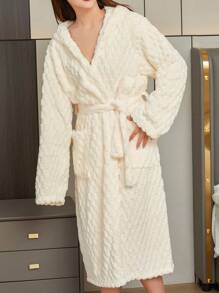 Coral Fleece Hooded Bathrobe, 3d Tortoise Shell Texture, Soft, Comfortable And Absorbent Home Wear RobeWarm Winter Decora