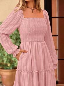 PRETTYGARDEN Women Elegant  Maxi Dresses For Fall Boho Long Sleeve Smocked A Line Ruffle  Wedding Guest Holiday Party Long Dress With Pockets New Years Valentine Vacation Spring Dresses For Women Vestidos Elegantes De Mujer - 粉色 - 查看 9