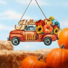1pc Hello Fall Thanksgiving Day Harvest Sunflower Colored Pumpkin Car Wood 7.87in/20cm Sign Hanging Home Decoration, Tree Outdoor Decoration Pendant For Garden Room Festival Party Supplies Restaurant Festival Party Decoration