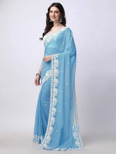 Women's Georgette Embroidery Border Work Designer Saree With Blouse Piece(Bably Blue)