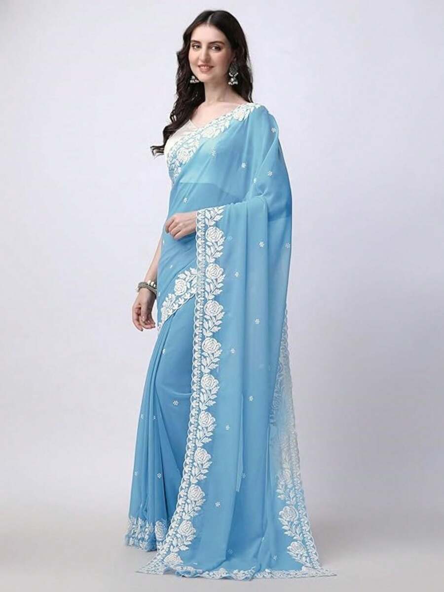 Women's Georgette Embroidery Border Work Designer Saree With Blouse Piece(Bably Blue) - Celeste - Ver 1