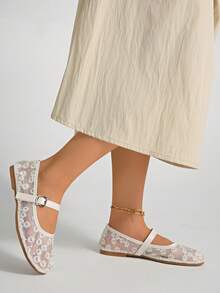 Women Ballet Flats, Summer Breathable Embroidered Lace Round Toe Mary Jane Minimalist White Flat Shoes - White - View 4