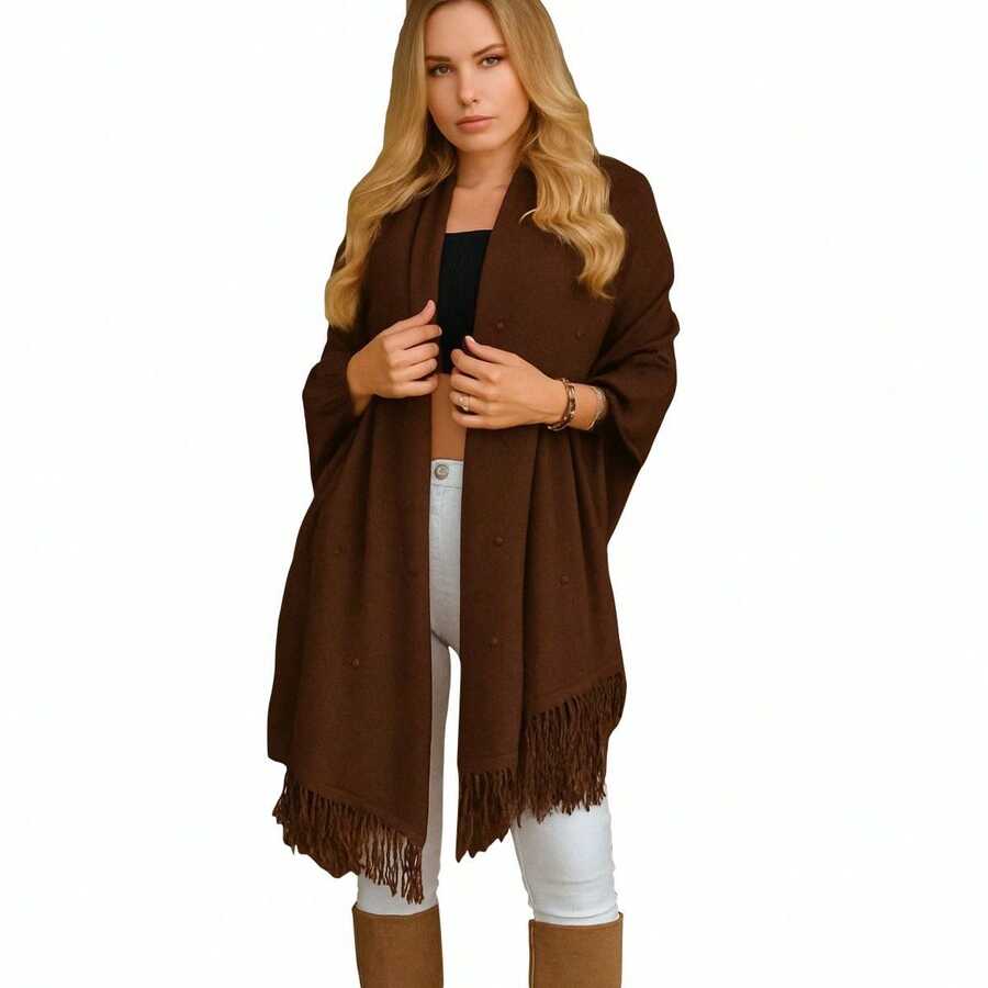 Plus Size Poncho Kimono Knit Cape Autumn Winter Fringe Blouse - 咖啡棕色 - 查看 1