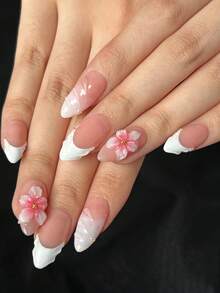 10Pcs Pure Handmade Press-On Nails, French Almond-Shaped 3D Nails, 3D Flower Nails, White French Fingertip Press-On Nails, 3D Wave Nails, Suitable For Ladies And Girls To Wear Daily Fake Nails Nail Supplies Nails Handmade Press On Nails - Pink - View 5