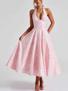 Women Evening Gowns Jacquard Halter Dress Elegant Low Cut Sleeveless Open Back A-Line Long Dress For Evening Party Club - 粉色 - 查看 2