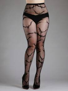 1 件女士加大码蝙蝠镂空朋克哥特复古渔网连裤袜/紧身裤/紧身裤，适合日常穿着和节日 - 黑色 - 查看 1
