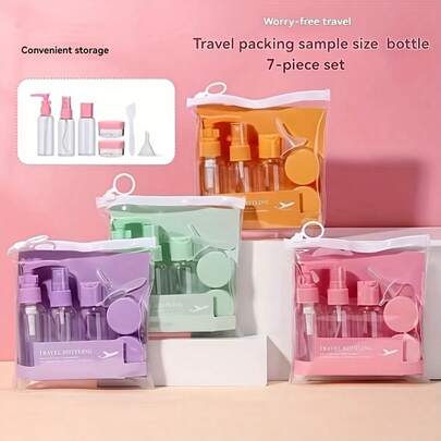 1件/7件旅行装旅行瓶套装，可重复灌装，包含洗漱包、空液体容器、防漏液体分装瓶、旅行化妆包、面霜罐，旅行必备，飞机旅行配件，旅行瓶套装，防漏便携式洗漱容器套装，透明PP材质航空尺寸化妆品容器，适用于乳液、洗发水、面霜、香皂等，带收纳袋，旅行必备瓶套装，带按压式乳液瓶