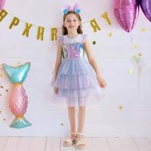 Summer Girls Dress Sequin Embellished Tulle Party Dress Ruffled Sleeve,Halloween Costumes