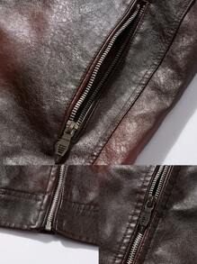 Men's Outdoor Winter Plus Fleece Motorcycle Style PU Leather Jacket, Solid Color Stand Collar Pilot Letter Patch Zipper Leather Jacket.