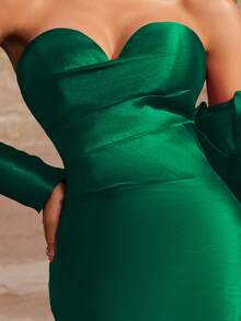 VIPGIRL 祖母绿缎面美人鱼礼服，露肩泡泡袖，心形领口，优雅长款正式礼服，奢华红毯礼服，魅力晚装，高级定制灵感派对礼服，尽显魅力，适合婚礼宾客 - 墨綠色 - 查看 12