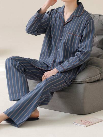 2 طقم بيجاما قطنية للرجال، كارديجان بأكمام طويلة وبنطلون، قابل للتنفس ومُقاوم للرطوبة، ملابس ربيعية/خريفية