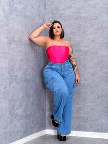 Wide Leg Cargo Jeans Plus Size Clear Simple Elegant Casual Cargo Jeans Plus Size Travel - Blue - View 1