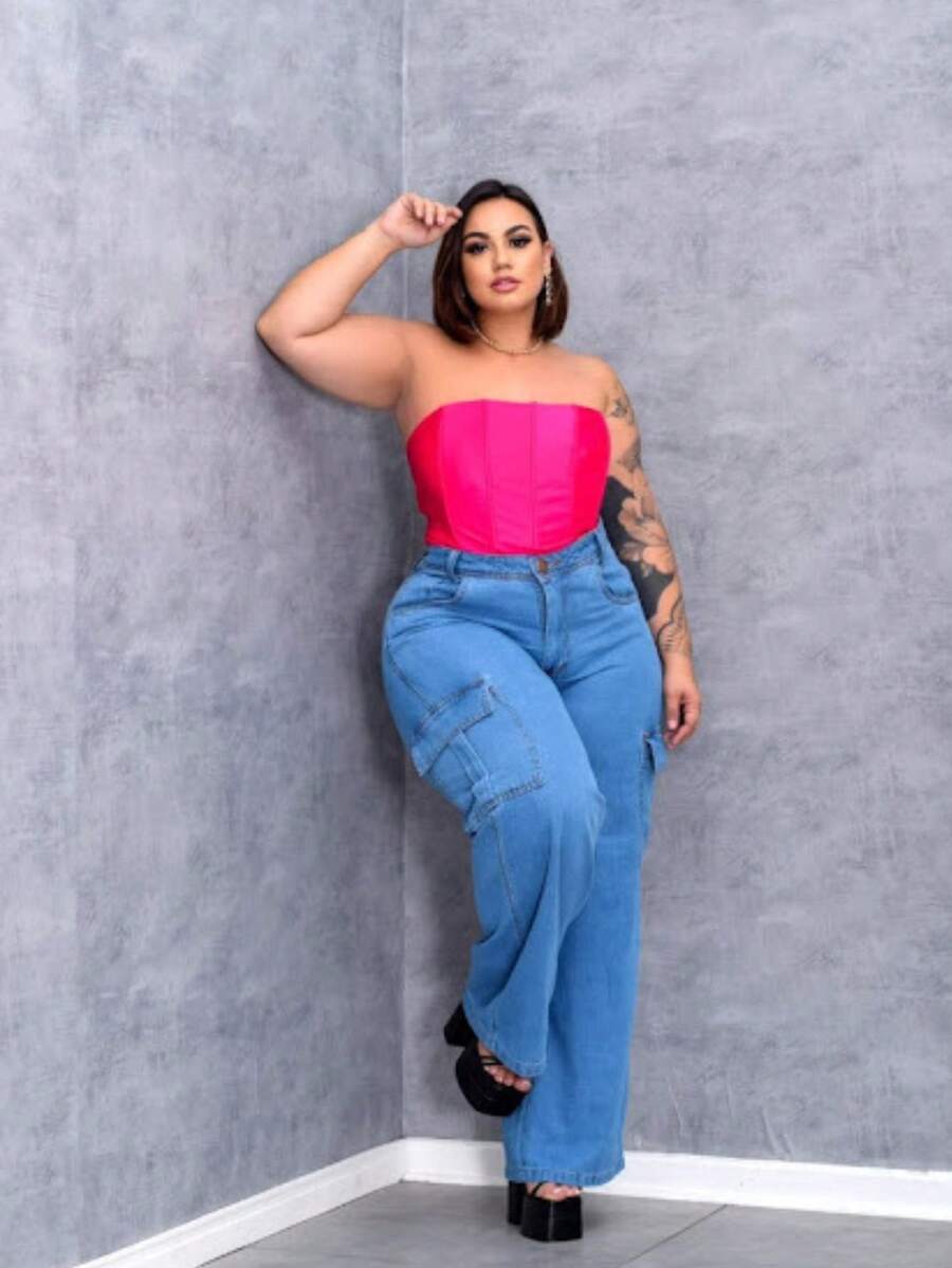 Wide Leg Cargo Jeans Plus Size Clear Simple Elegant Casual Cargo Jeans Plus Size Travel - Blue - View 1