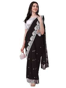 Women's Georgette Embroidery Border Work Designer Saree With Blouse Piece(Black) - Black - View 1
