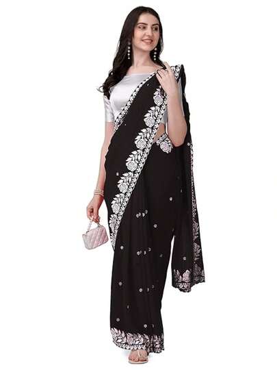 Women's Georgette Embroidery Border Work Designer Saree With Blouse Piece(Black)