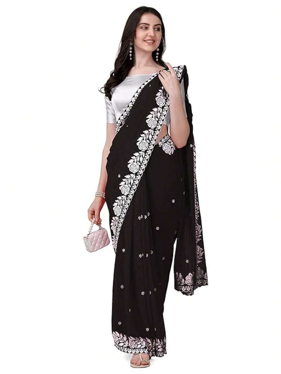 Women's Georgette Embroidery Border Work Designer Saree With Blouse Piece(Black) - Black - View 1