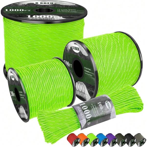 New Products Daily Supplies  Paracord Reflective 1000lb, 50/100/200/500/1000ft 4mm, 13 Strand Parachute Spool Cord, Survival Rope For Camping, Fishing, Hiking, Tent, Clothesline, DIY Crafts & Survival Bracelet, Neon Green
