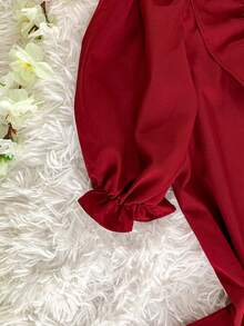 SHORT SLEEVE PUFFED DRESS TOP WITH RUFFLE AND BOW, WOMEN'S FASHION - Burgundy - View 5