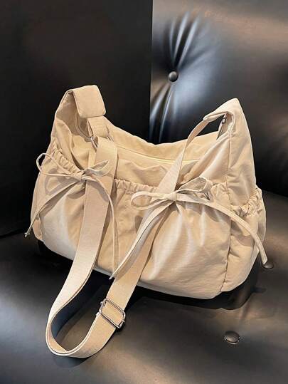 Borsa a tracolla casual, semplice e leggera da donna, borsa shopper con design plissettato e fiocco, grande capacità, adatta per viaggi leggeri, scuola, pendolarismo in ufficio, può essere usata anche come borsa a tracolla da donna, borsa con fiocco carina per donne