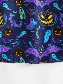 Girls Casual Comfortable Round Neck Pumpkin, Bat, Ghost 3D Print Long Sleeve Cute Dress, Suitable For Everyday, Vacation, Elegant Party, Graduation, Back To School, Halloween