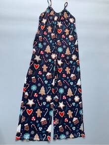 女士圣诞姜饼印花细肩带连体裤，节日圣诞饼干时尚姜饼印花服装，适合节日派对和休闲，必备冬季服装，时尚圣诞服装，时尚圣诞服装，休闲秋季女装 - 藏蓝色 - 查看 7