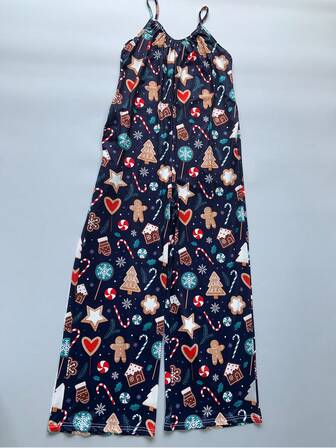 Damjumpsuit med pepparkaksmönster och spaghettiband, festliga julkakor och pepparkaksmönster, perfekt för högtider och vardagsfester, måste-ha vinteroutfit, snygga julkläder, moderiktiga julkläder, vardagliga höstkläder för kvinnor