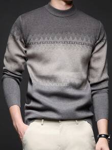 男士厚圆领毛衣，商务休闲提花针织长袖套头衫，适合分层穿着或外套，秋冬 - 淺灰色 - 查看 2