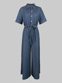 2025 New Women's Casual One Pieces Denim Jumpsuits V-Neck Short Sleeves Tied Waist With Pockets High Waisted Wide Leg Streetwear Rompers Summer Outfits For Woman - 藍色 - 查看 2