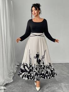 Plus Size Women Square Neckline Water-Print Design Midi Dress - Multicolor - View 3