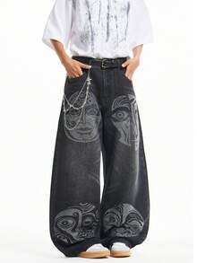 1 pezzo Pantaloni di jeans casual comodi e rilassati con gamba dritta, vestibilità ampia, effetto consumato e decorazioni in strass, stile urban americano per uomo (senza cintura e accessori) - nero - Visualizzare 5