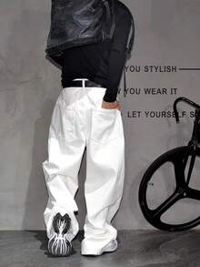 White Design Flared Straight Leg Jeans, Casual Loose Fit Pants For Men - White - View 2