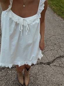 Women's Summer Dresses Sleeveless Ruffle Square Neck Tie-Up Front Solid Loose Short A-Line Mini Babydoll Dress - 白色 - 查看 7