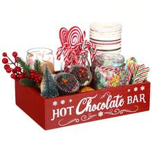 1PC Hot Cocoa Bar Wood Station Organizer Countertop With 4 Compartment Cocoa Decorative Storage Bins Vintage Open Holder Box For Xmas Holiday Gift Party Home Supplies (Black And Red Available )