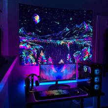 Local Shipping 2025 New   Black And White Tapestry Starry Night Mountain Tapestries For Bedroom Aesthetic Moon And Stars Tapastry's Wall Hanging Dark Nature Forest Wall Tapestry For Living Room Dorm (48'' * 36'') - 墨綠色 - 查看 9